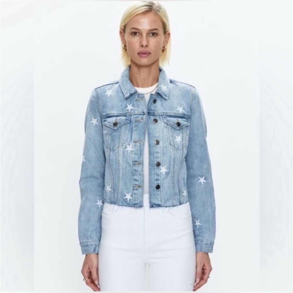 Pistola Brando Star Embroidery Cropped Denim Jacket Zodiac Wash - S - Picture 2 of 14